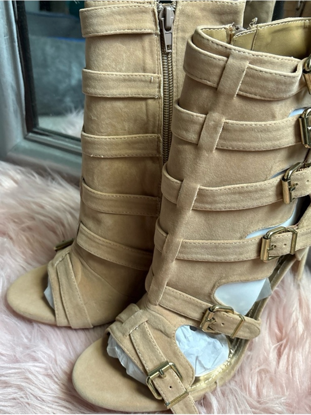 Shoe Republic LA Beige Suede Strappy Open-Toe Ankle Booties “SOLD”